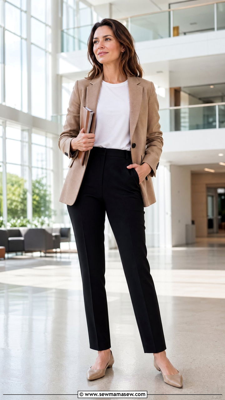 Camel Blazer With White Tee And Tailored Trousers - 35 College professor outfit ideas