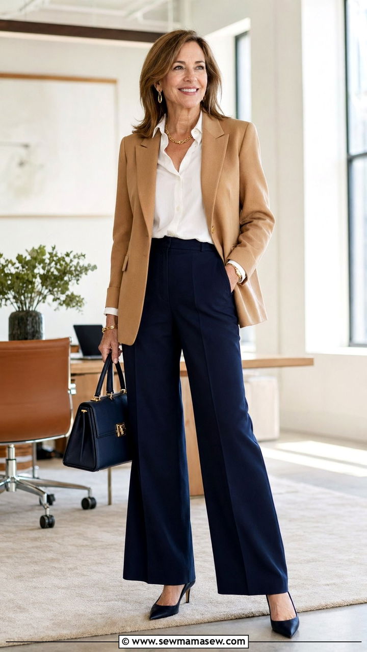 Camel Blazer and Navy Wide Leg Trousers - 35 Old money outfits for women over 50
