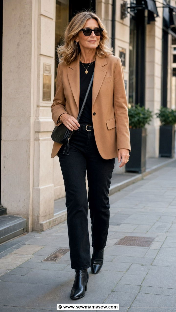 Camel Blazer with Black Jeans Outfit - 30 Best blazers for women over 60