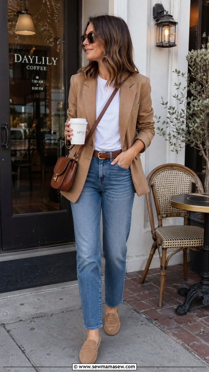 Camel Blazer with White Tee and Blue Straight Leg Jeans - 35 transitional quiet luxury outfit ideas