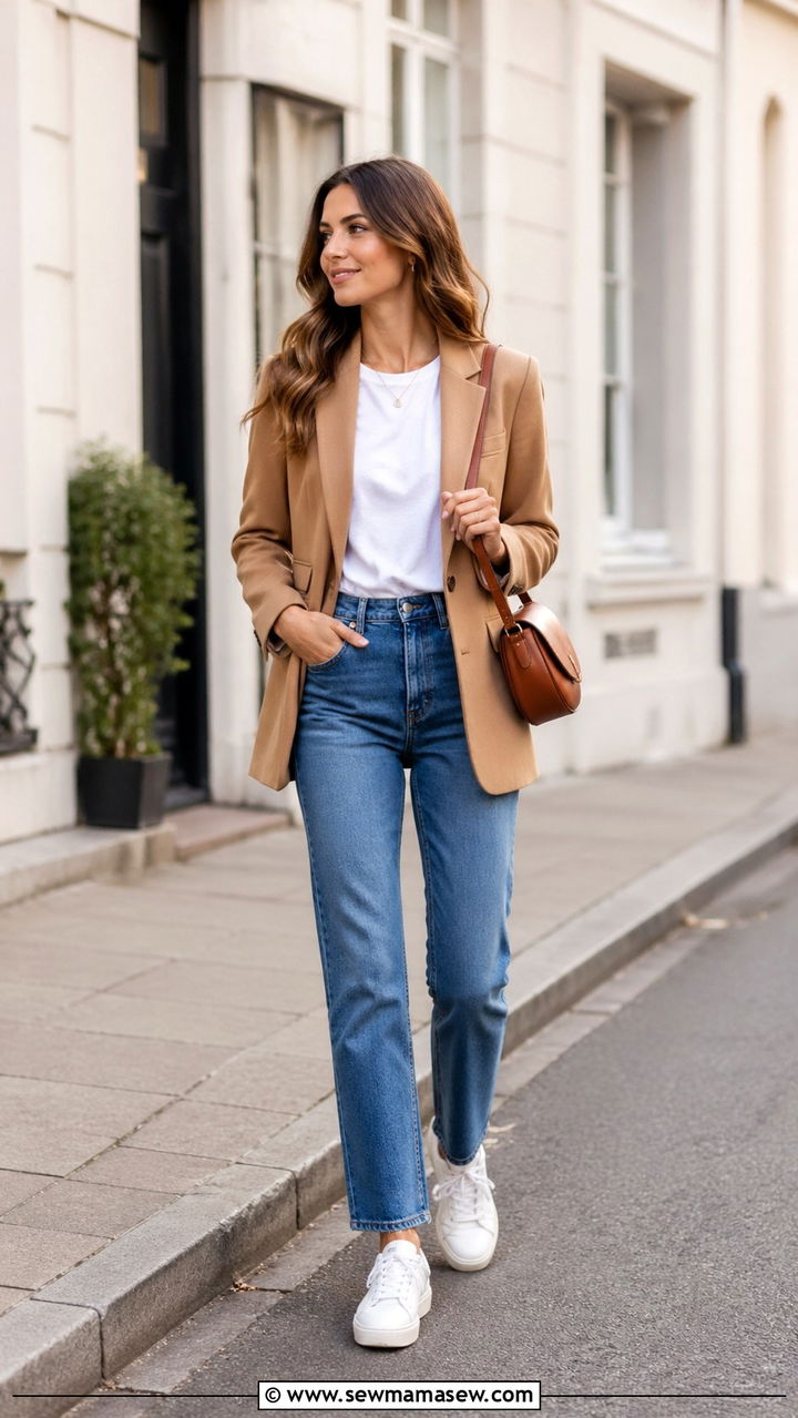 Camel Blazer with White Tee and Jeans - 40 All camel outfit ideas