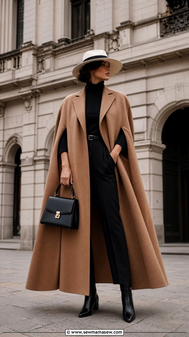 Camel Cape Coat with White Wide Brim Hat and Black Trousers - 35 classy old money outfits