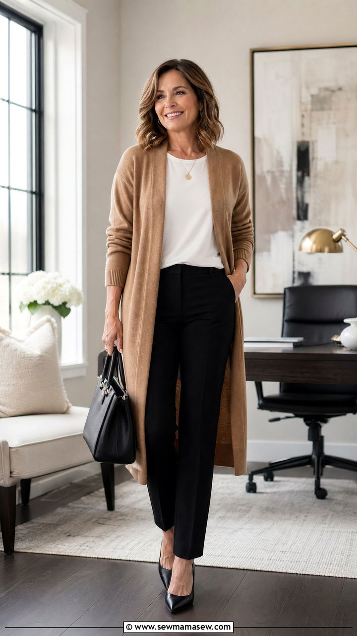 Camel Cardigan with Black Dress Pants - 35 Work outfits for women over 40