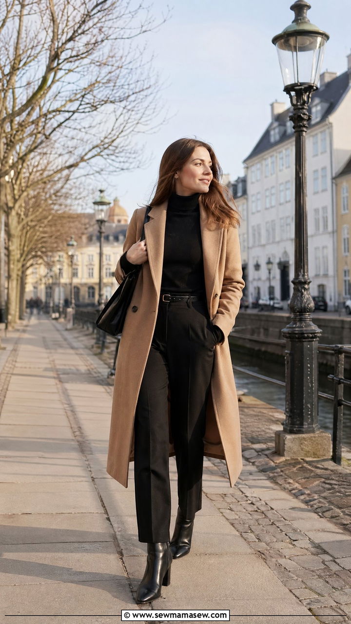 Camel Coat And Black Turtleneck Copenhagen Outfit - 35 Copenhagen outfits ideas