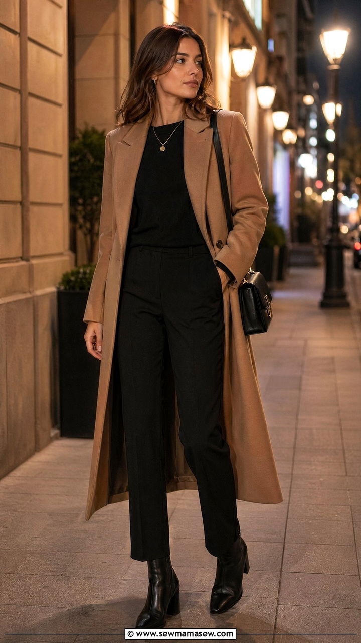 Camel Coat Over All Black Ensemble - 35 classy quiet luxury outfits