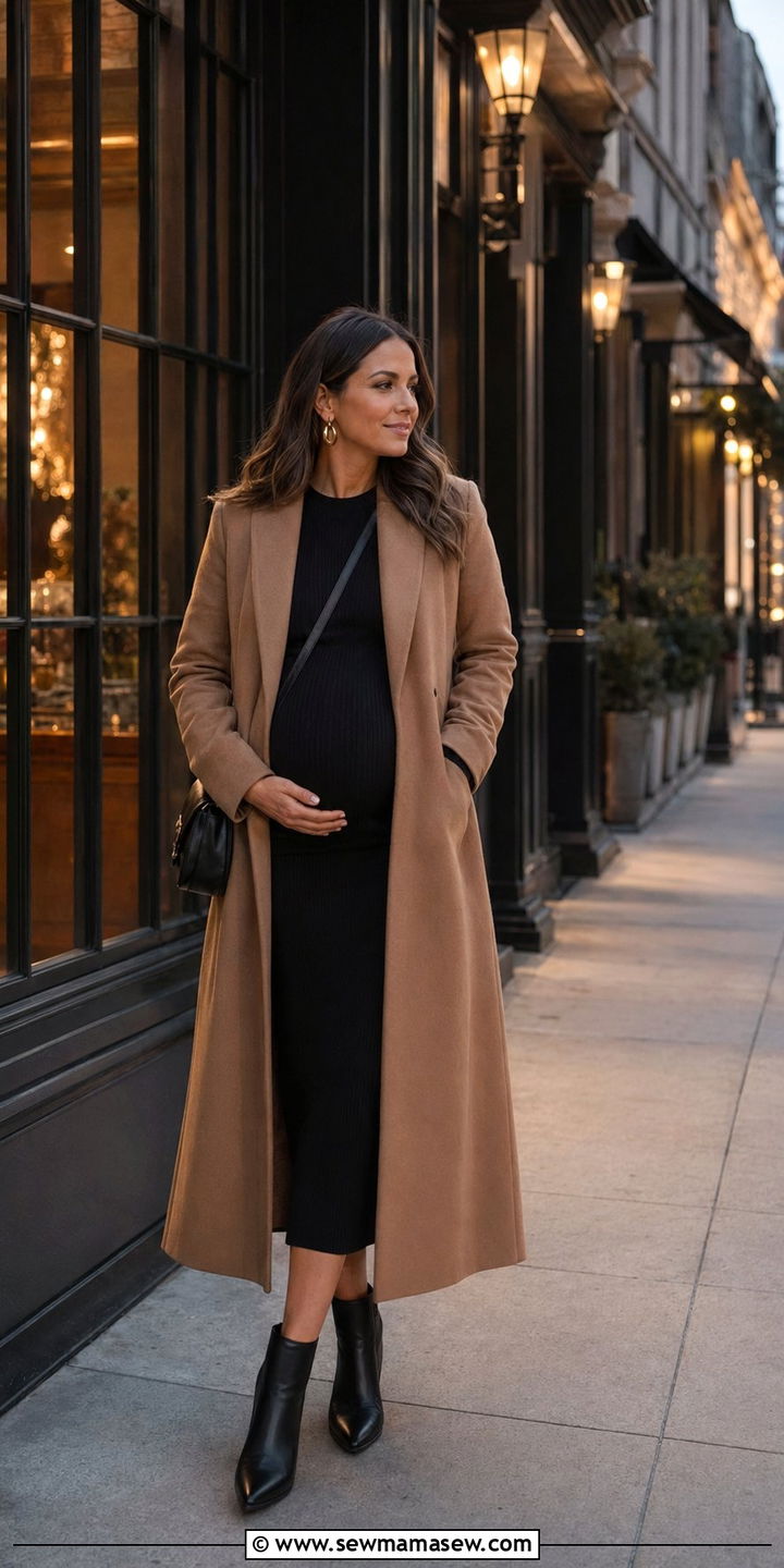 Camel Coat Over All Black Maternity Outfit - 35 pregnancy outfit ideas