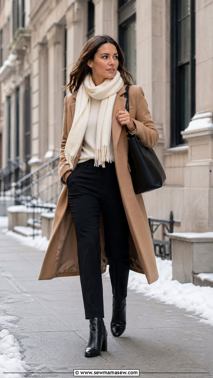 Camel Coat Over Black Trousers And A Cream Sweater - 35 Classic business casual outfits