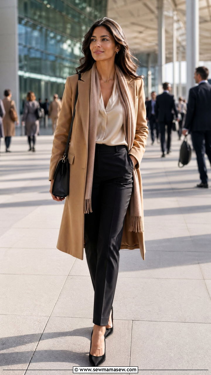 Camel Coat Over Black Trousers And Silk Top - 35 Work conference outfit ideas