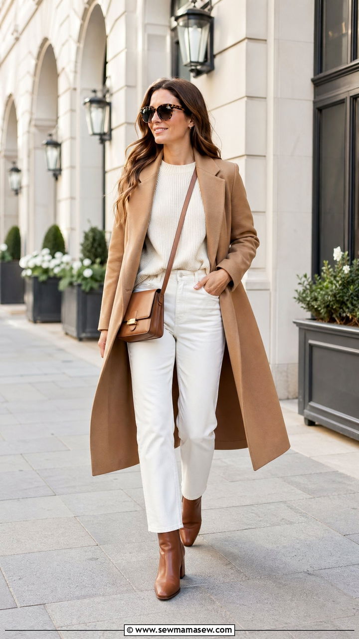 Camel Coat Over Cream Knit and White Jeans - 35 transitional old money outfit ideas