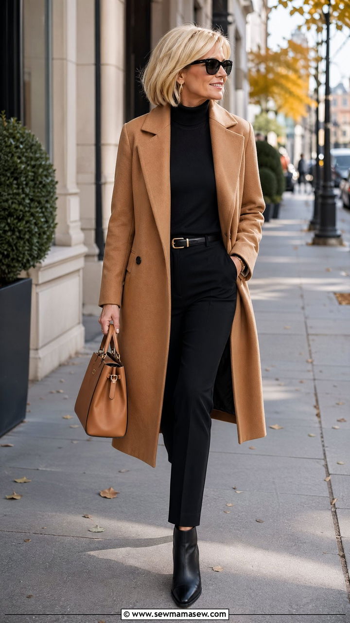 Camel Coat Over a Monochrome Outfit - 35 Chic outfit ideas for women over 40