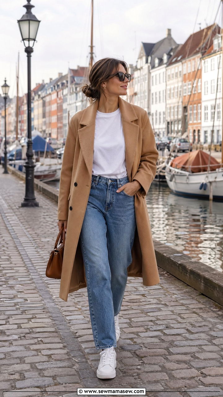Camel Coat White Tee And Blue Jeans Copenhagen Outfit - 35 Copenhagen outfits ideas