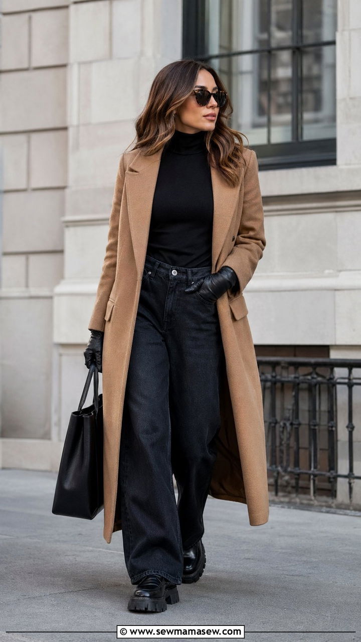 Camel Coat With Baggy Jeans and Lug Sole Loafers - 30 Baggy jeans outfit ideas with loafers