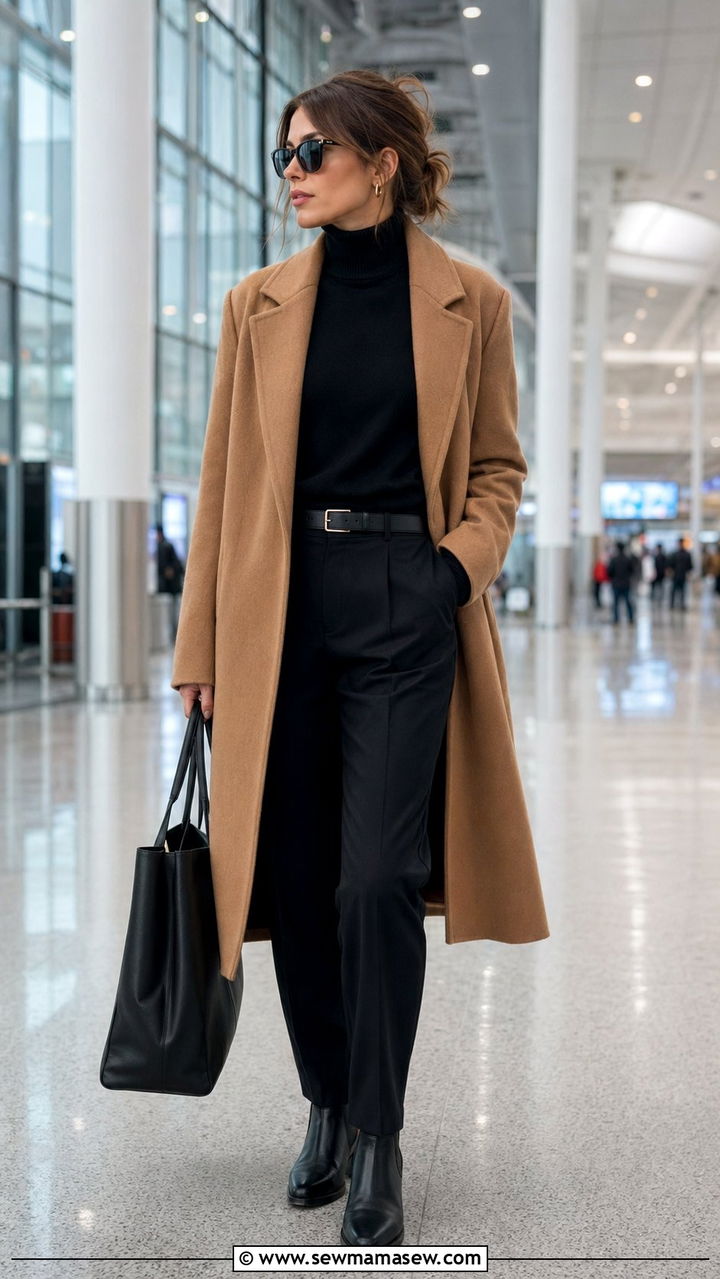 Camel Coat With Black Knit And Trousers - 30 airport outfits Pinterest