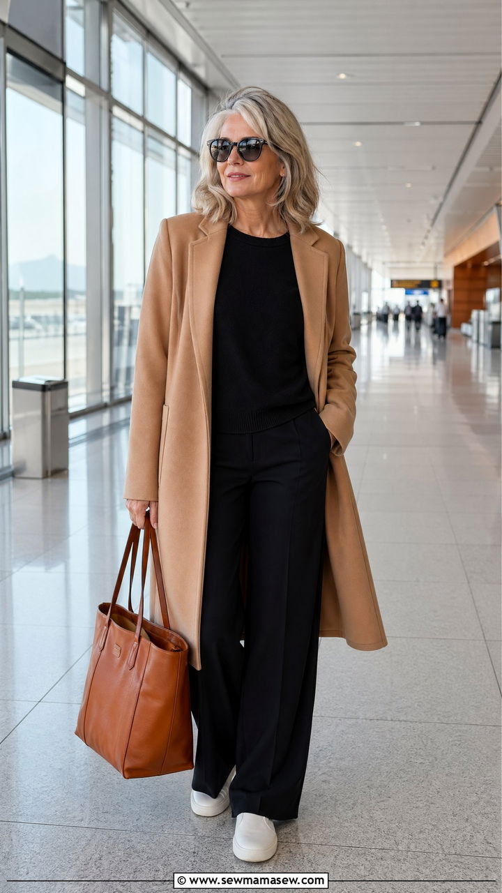 Camel Coat With Black Trousers For Airport Travel - 35 Travel outfits for women over 50