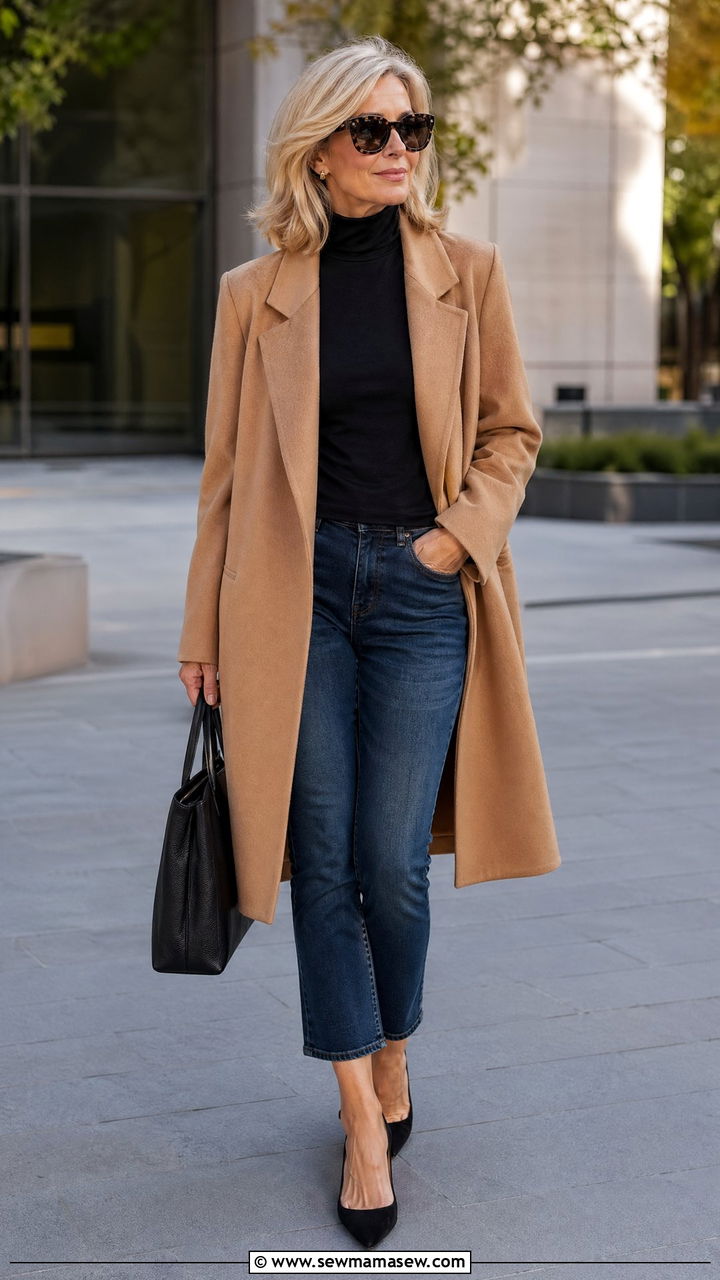Camel Coat With Black Turtleneck And Cropped Jeans - 35 Classy outfits for women over 50