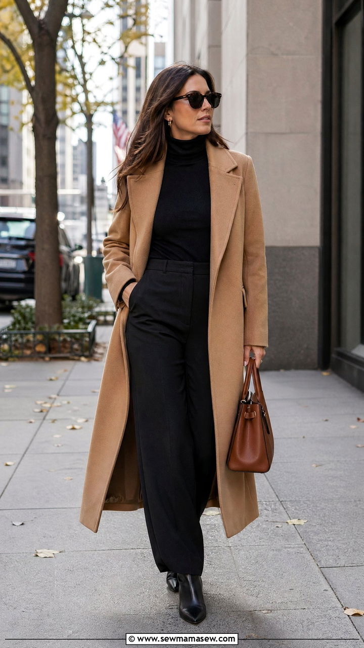 Camel Coat With Black Turtleneck And Wide Leg Pants Outfit - 35 classy casual outfits