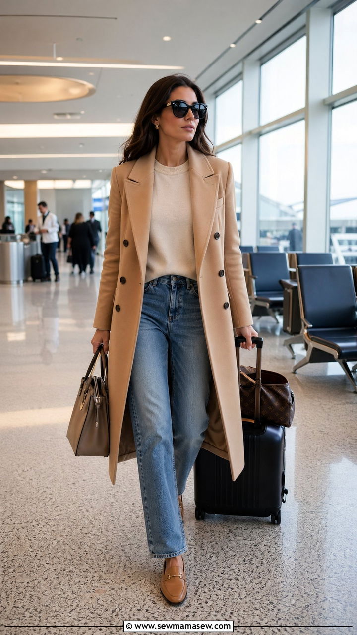 Camel Coat With Cashmere Crewneck And Straight Leg Jeans - 40 Airport outfits for women