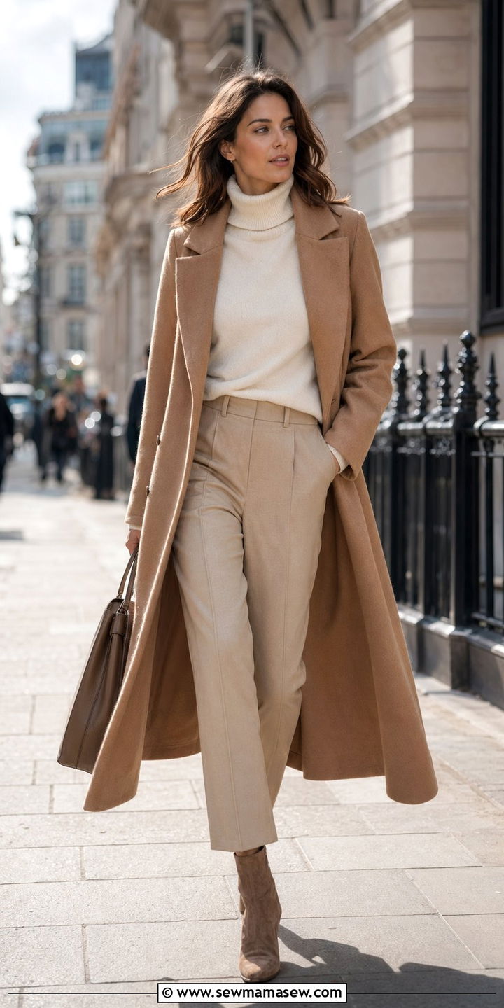 Camel Coat With Cashmere Turtleneck And Trousers - 35 quiet luxury outfits