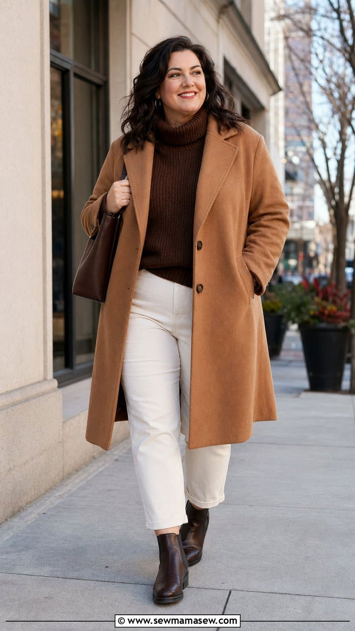 Camel Coat With Cocoa Knit And Cream Trousers - 35 Plus size outfit ideas for women over 40