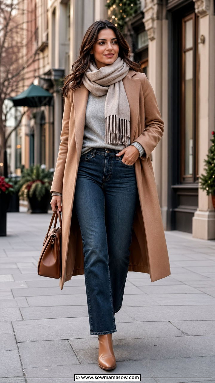 Camel Coat With Gray Sweater And Jeans Outfit - 35 classy casual outfits