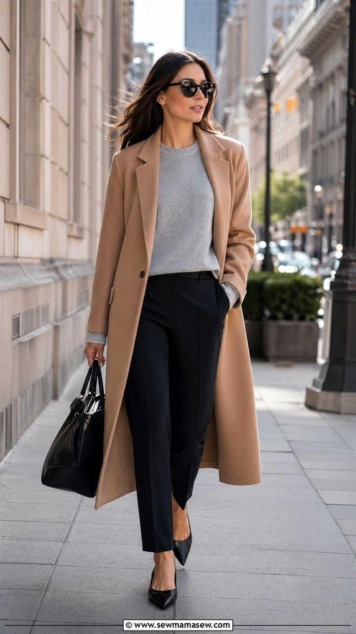 Camel Coat With Grey Cashmere Sweater And Black Trousers - 35 spring quiet luxury outfit ideas