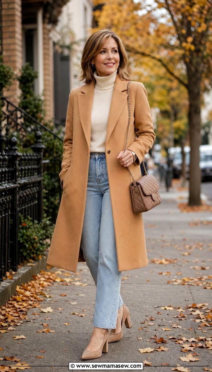 Camel Coat With Light Washed Jeans - 35 Petite outfit ideas for women over 40