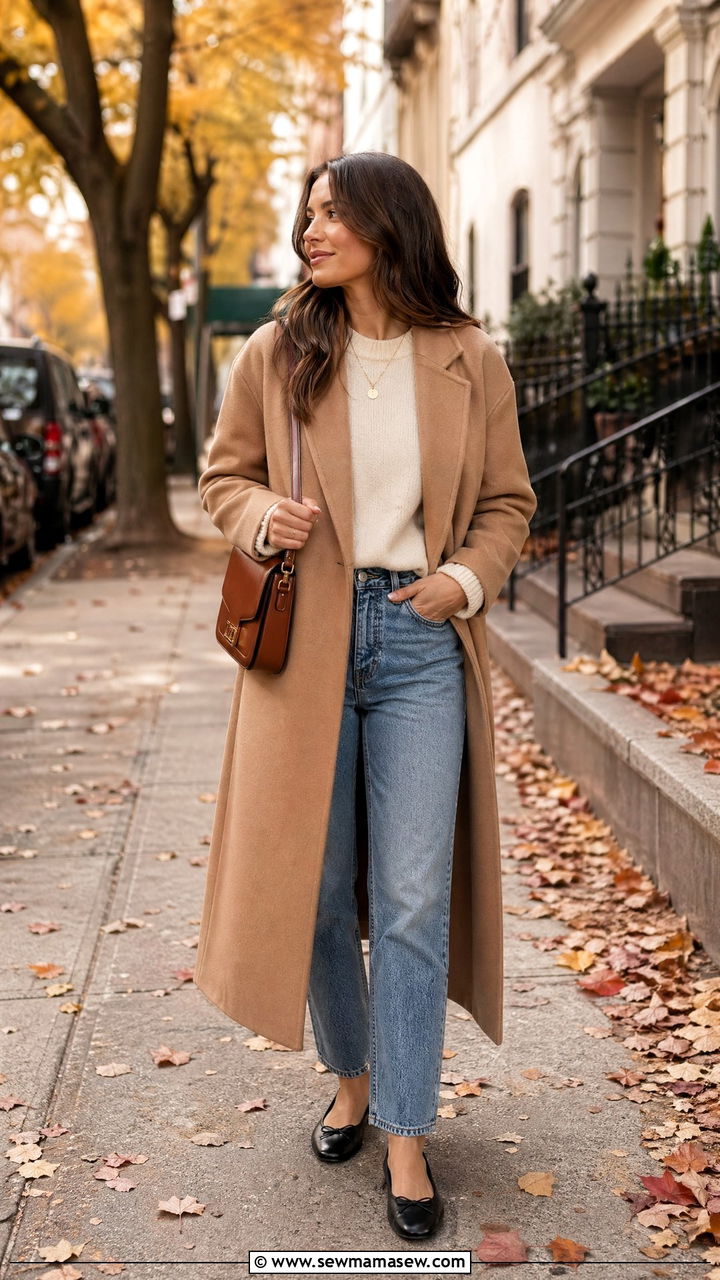 Camel Coat With Straight Leg Jeans and Ballet Flats - 35 Clean girl outfit ideas 2026
