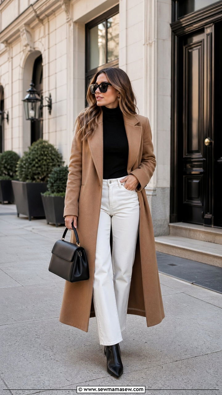 Camel Coat With White Jeans And Turtleneck Sweater - 35 classy summer to fall outfits