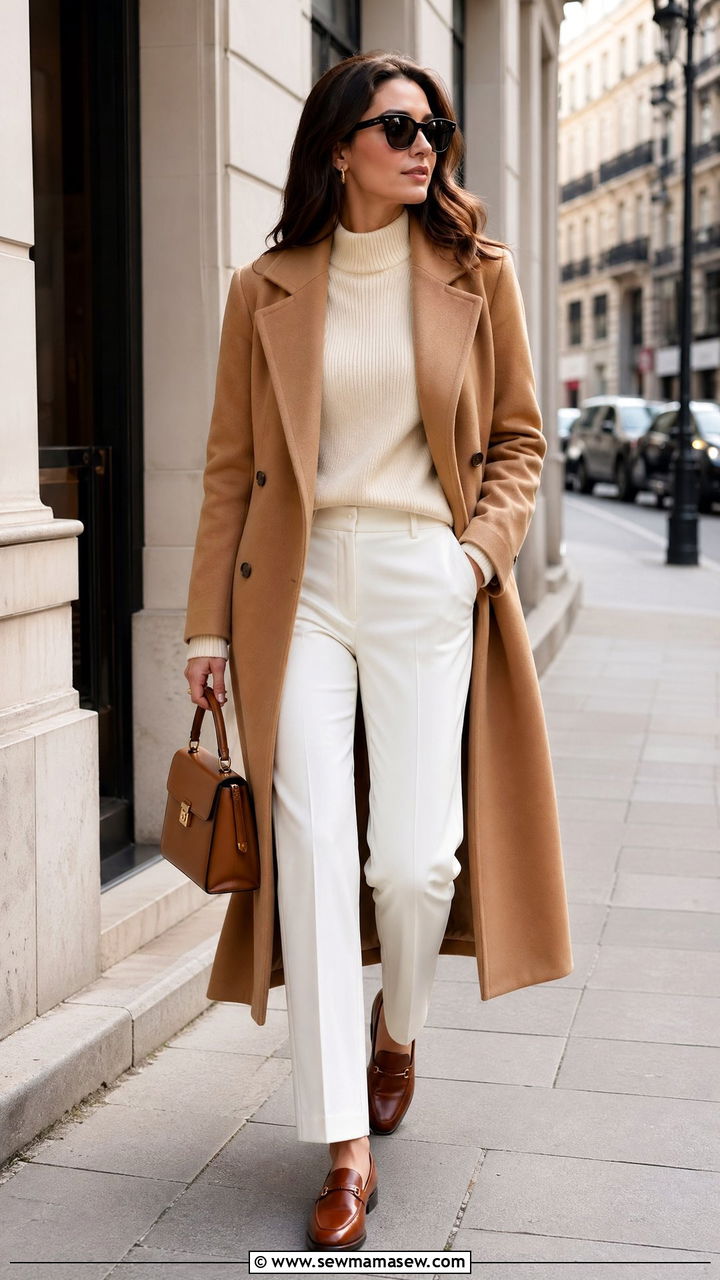 Camel Coat With White Trousers Outfit - 35 classy quiet luxury outfits
