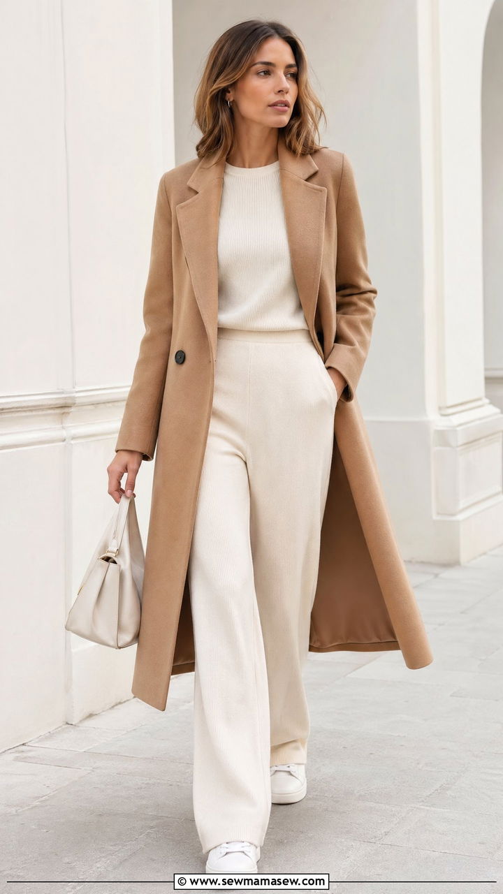 Camel Coat With a Monochrome Base and Sneakers - 35 transitional outfit ideas for women