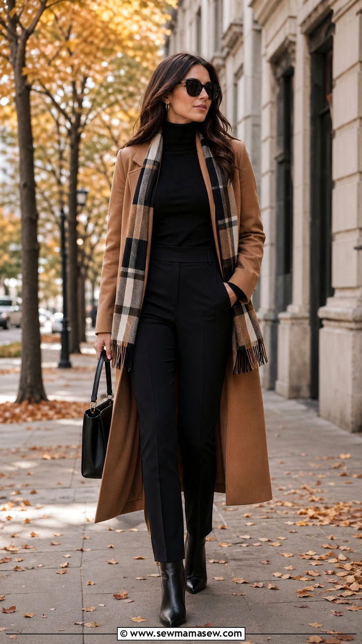 Camel Coat and Black Separates - 35 Office outfit ideas for women