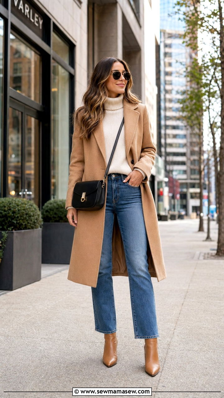 Camel Coat and Straight Leg Denim - 30 40 degree weather outfits
