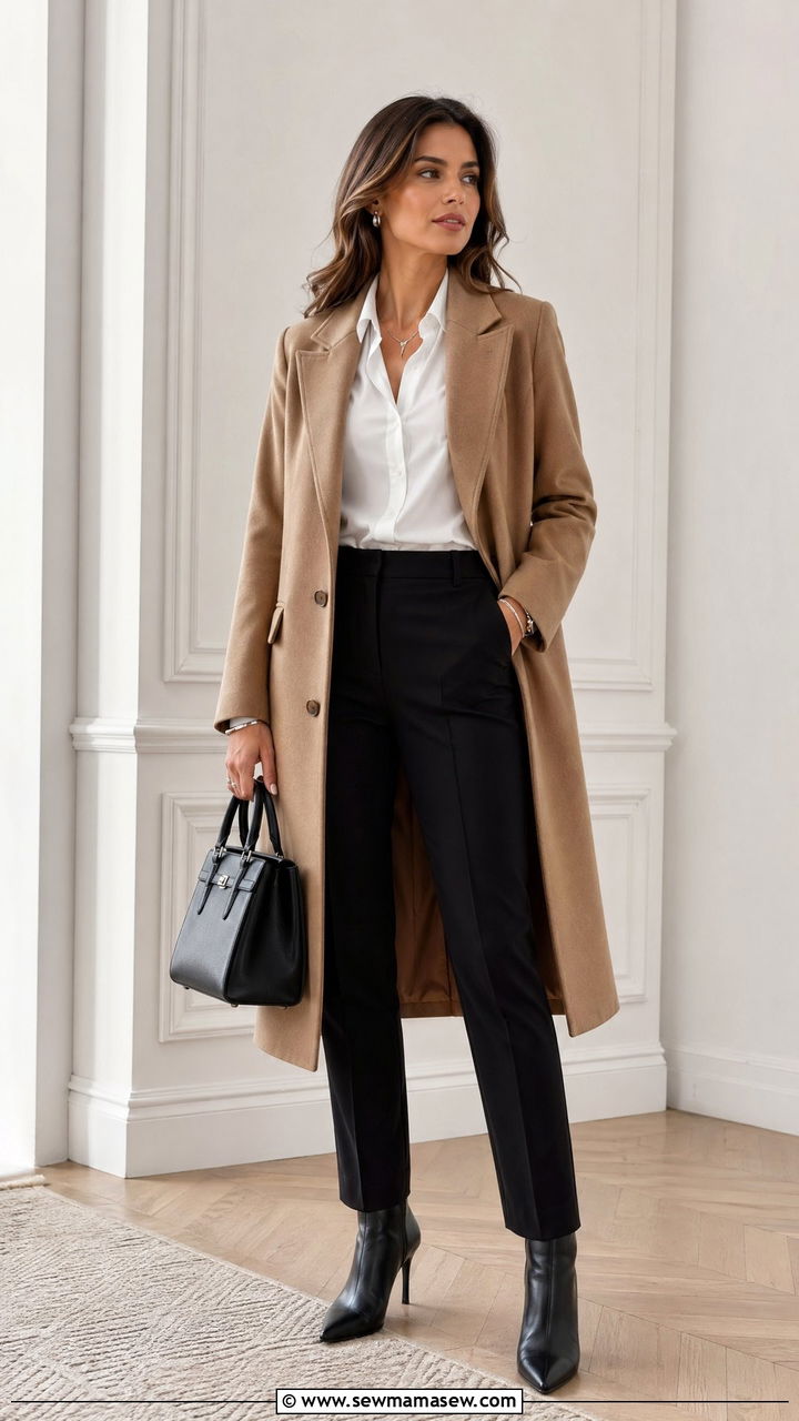 Camel Coat and White Button Down With Black Trousers Outfit - 35 transitional classy outfit ideas