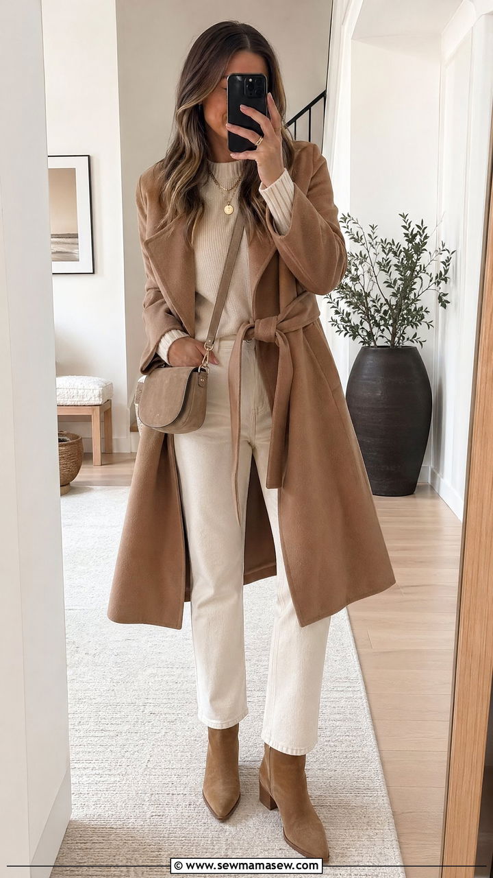 Camel Coat and White Jeans Outfit - 35 spring quiet luxury outfits