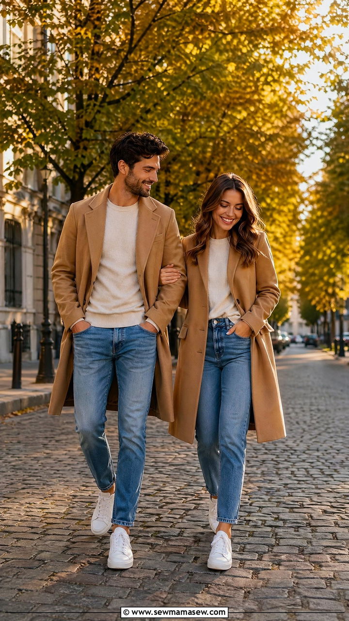 Camel Coat and White Sneakers City Stroll Couple Outfit - 35 Couples photoshoot outfit ideas
