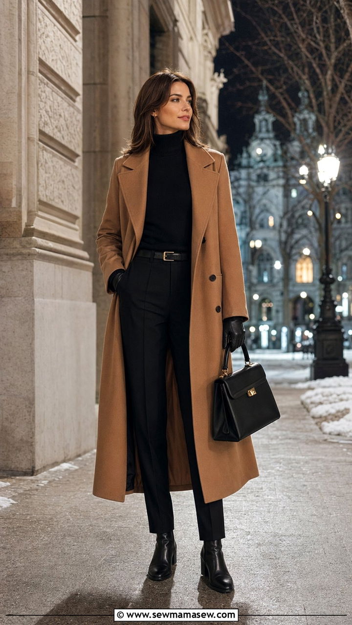 Camel Coat with All Black Base and Ankle Boots - 35 Modest outfit ideas old money