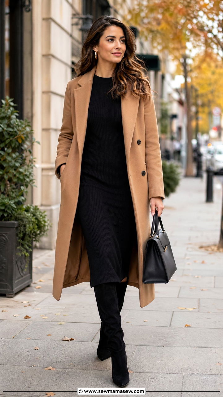 Camel Coat with Black Knit Dress Outfit - 35 classy quiet luxury outfit ideas