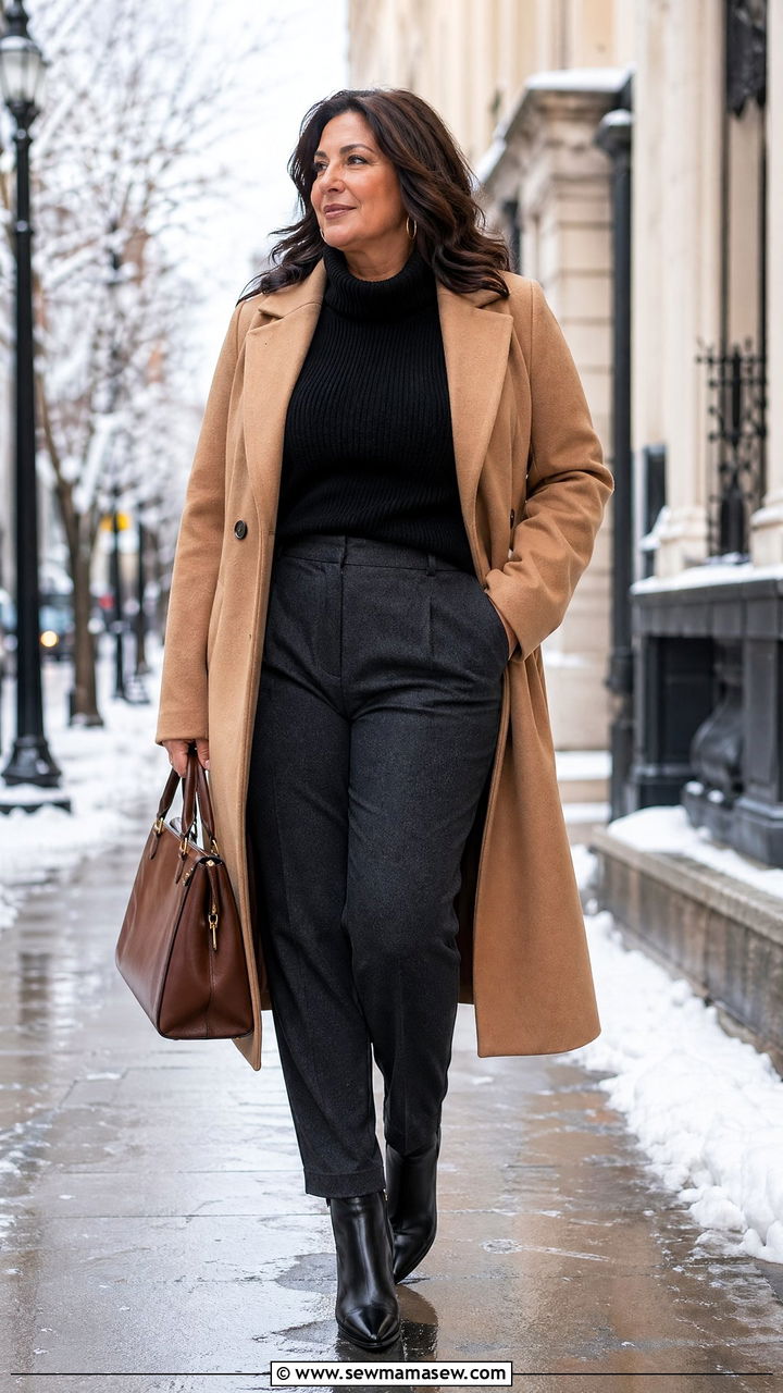 Camel Coat with Black Knit Top and Tailored Charcoal Trousers - 35 Curvy outfits for women over 40