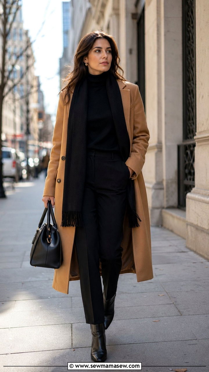 Camel Coat with Black Trousers and Boots - 30 work outfits ideas