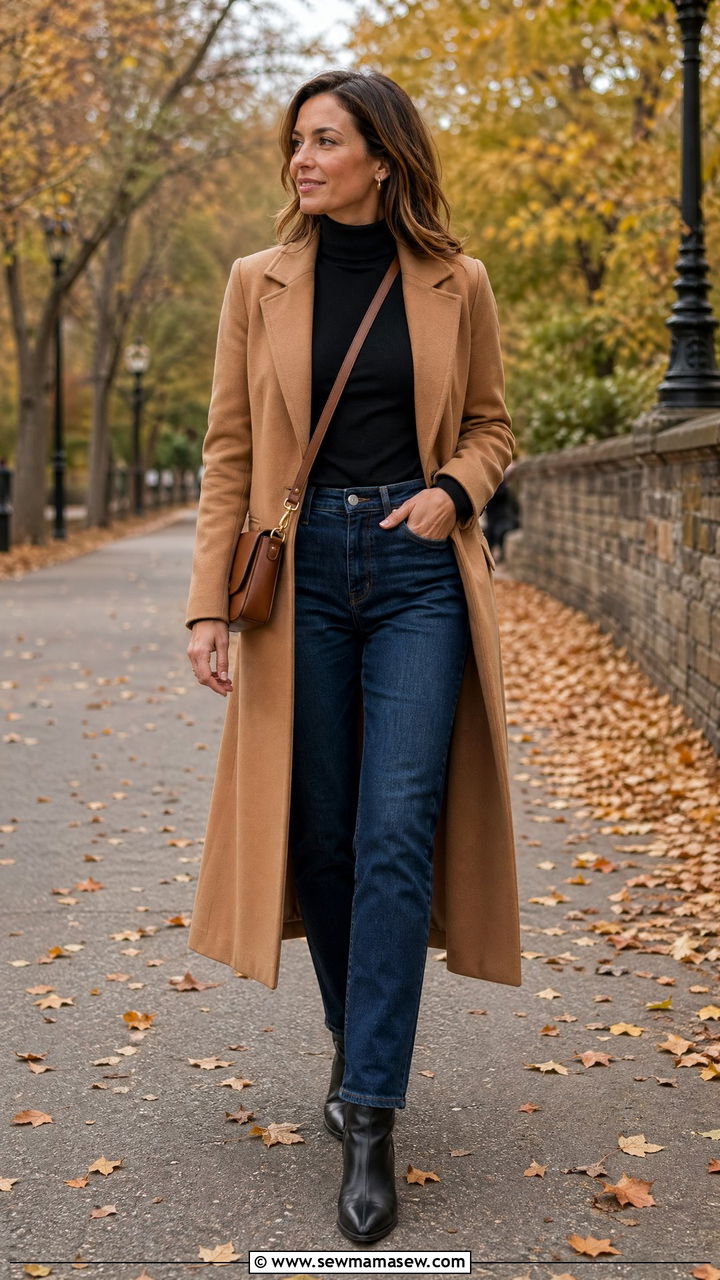 Camel Coat with Black Turtleneck and Jeans - 35 classy outfits for women over 30
