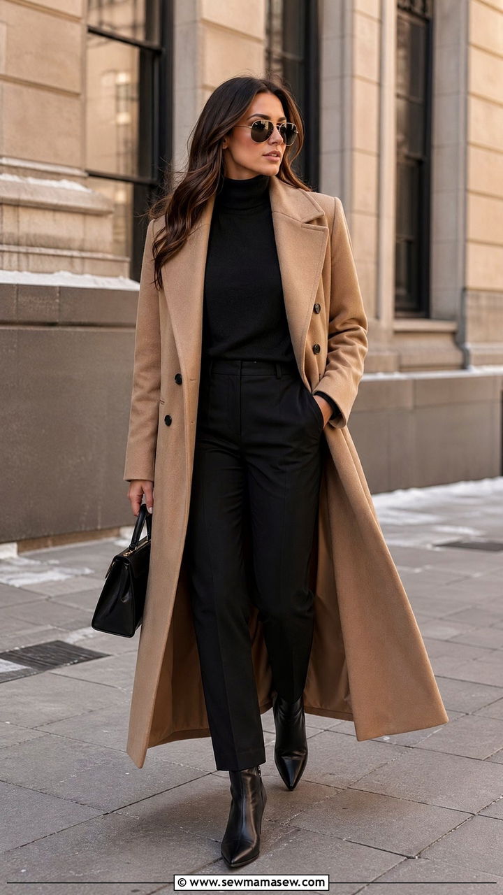 Camel Coat with Black Turtleneck and Trousers - 35 classy outfits