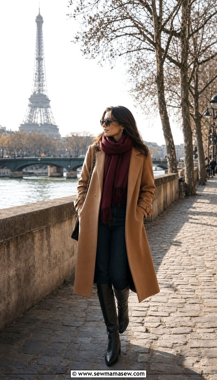 Camel Coat with Burgundy Scarf and Tall Boots - 35 Paris outfits ideas