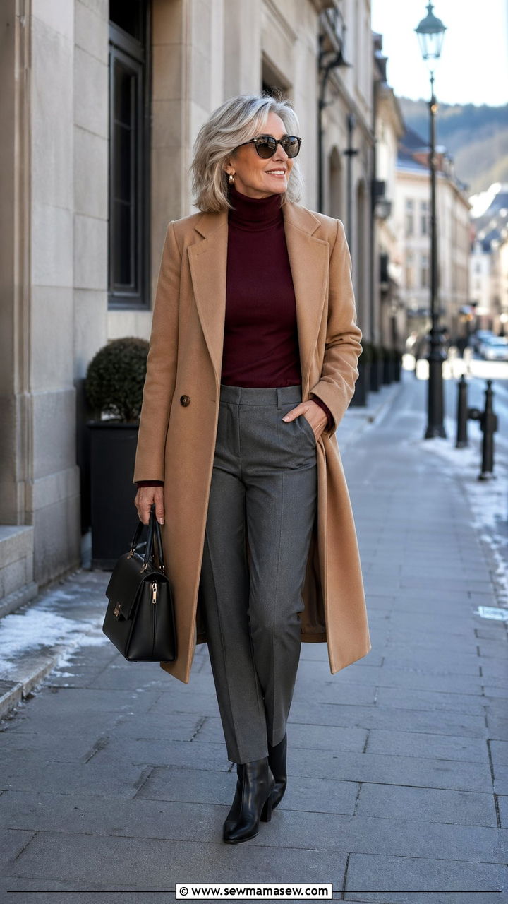 Camel Coat with Burgundy Turtleneck and Tailored Trousers - 35 Vacation outfit ideas for women over 50