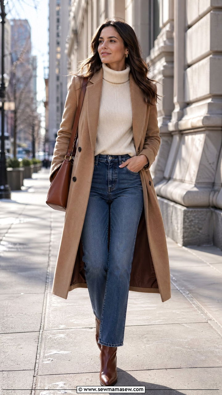 Camel Coat with Cream Turtleneck and Straight Leg Jeans - 35 workwear outfit ideas for women
