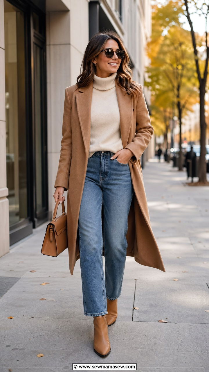 Camel Coat with Cream Turtleneck and Straight Leg Jeans - 35 cute office outfits