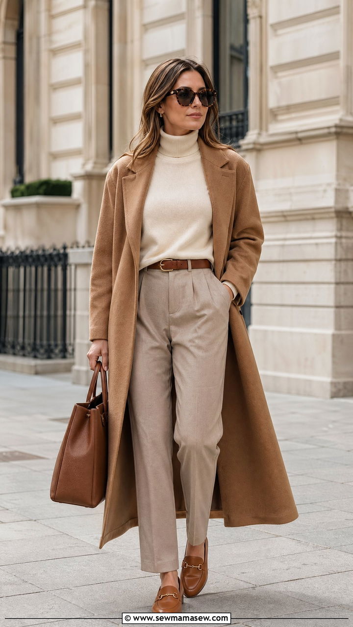 Camel Coat with Cream Turtleneck and Tailored Trousers - 35 classy old money outfits