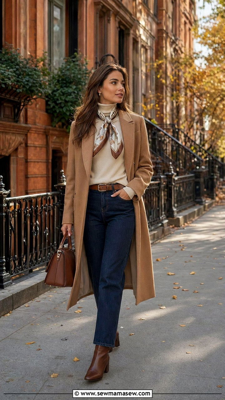 Camel Coat with Dark Denim and Ankle Boots - 35 Old money brunch outfit ideas