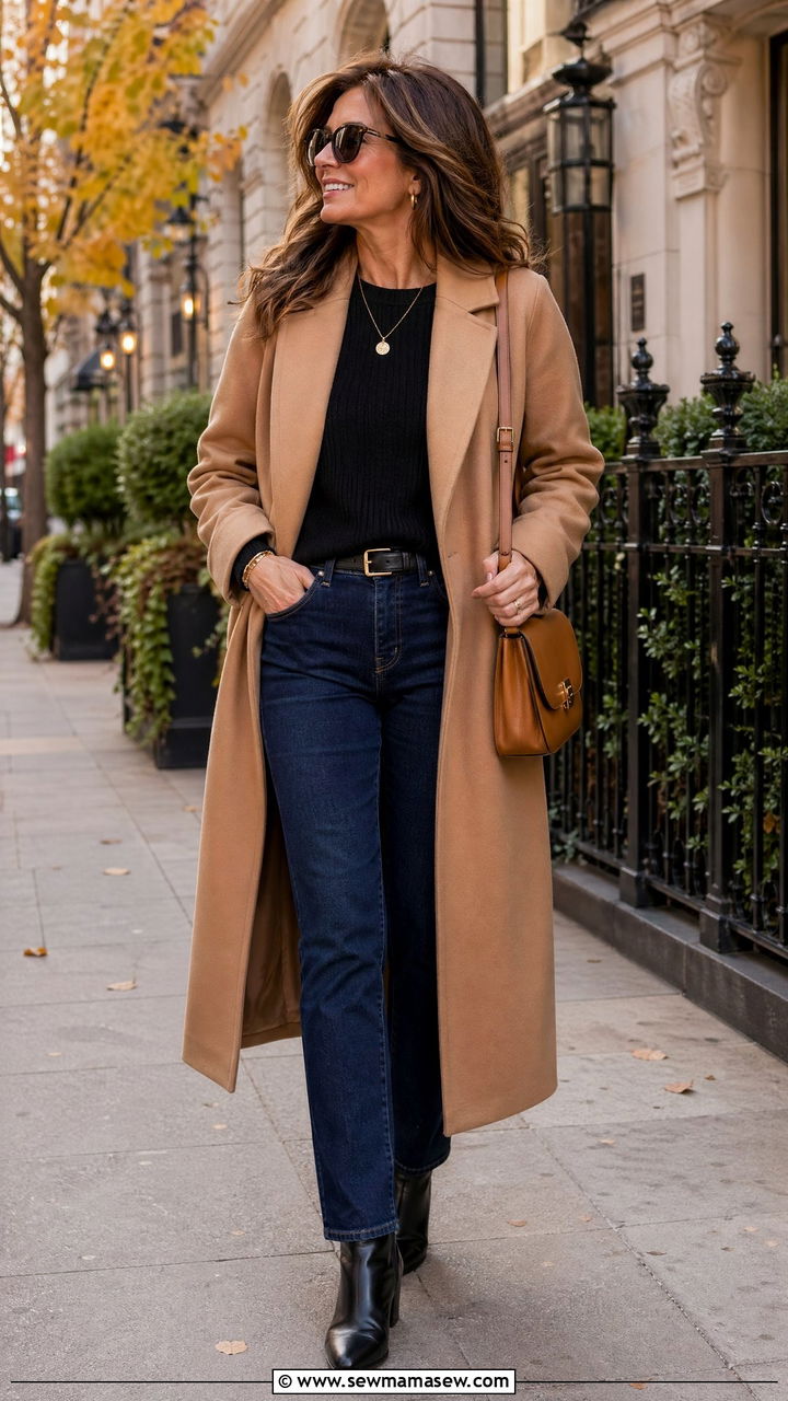 Camel Coat with Dark Jeans Weekend Outfit - 35 Weekend outfit ideas for women over 40