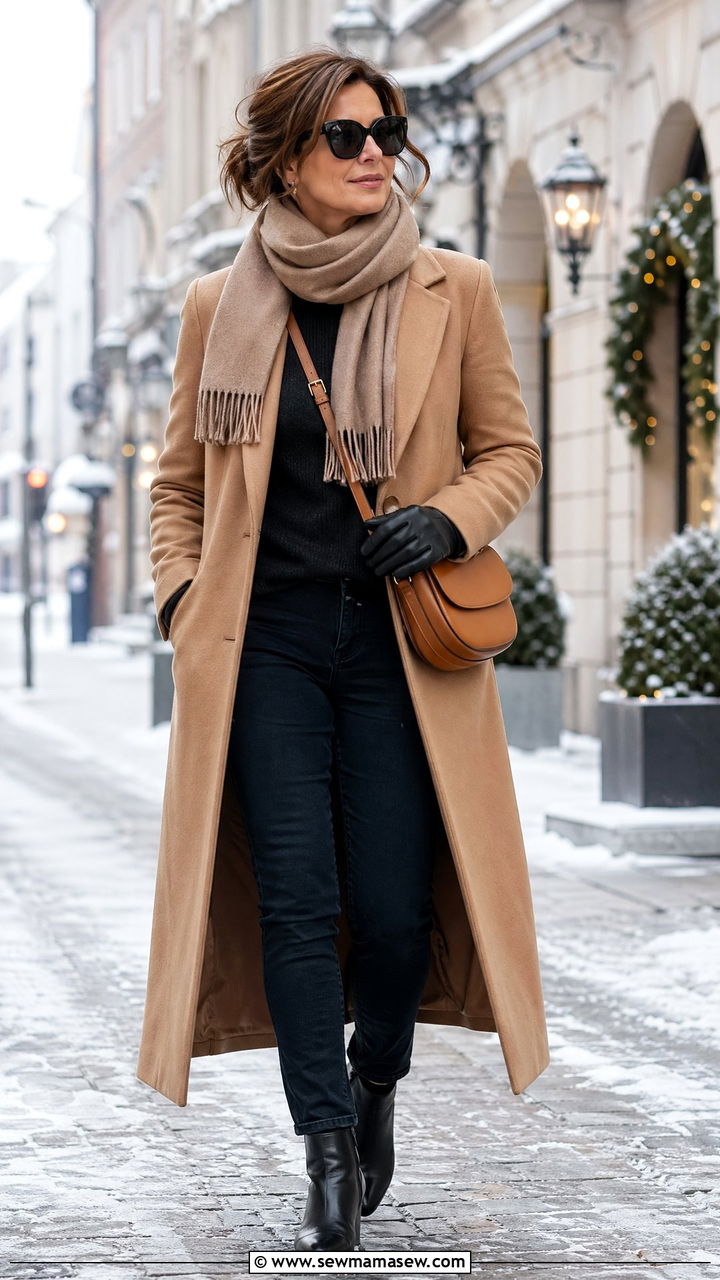 Camel Coat with Dark Jeans Winter Travel Outfit - 35 Travel outfits for women over 40