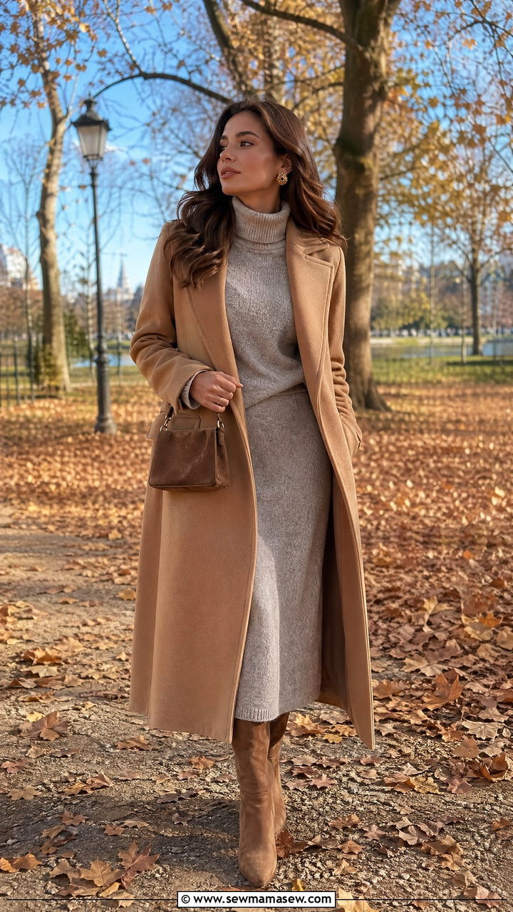 Camel Coat with Gray Turtleneck and Matching Knit Skirt - 35 classy old money outfits